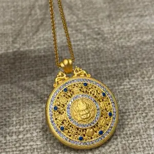 2439 Original Eight Treasures Compass Necklace • Traditional Craft • Gold Tone with Gemstones