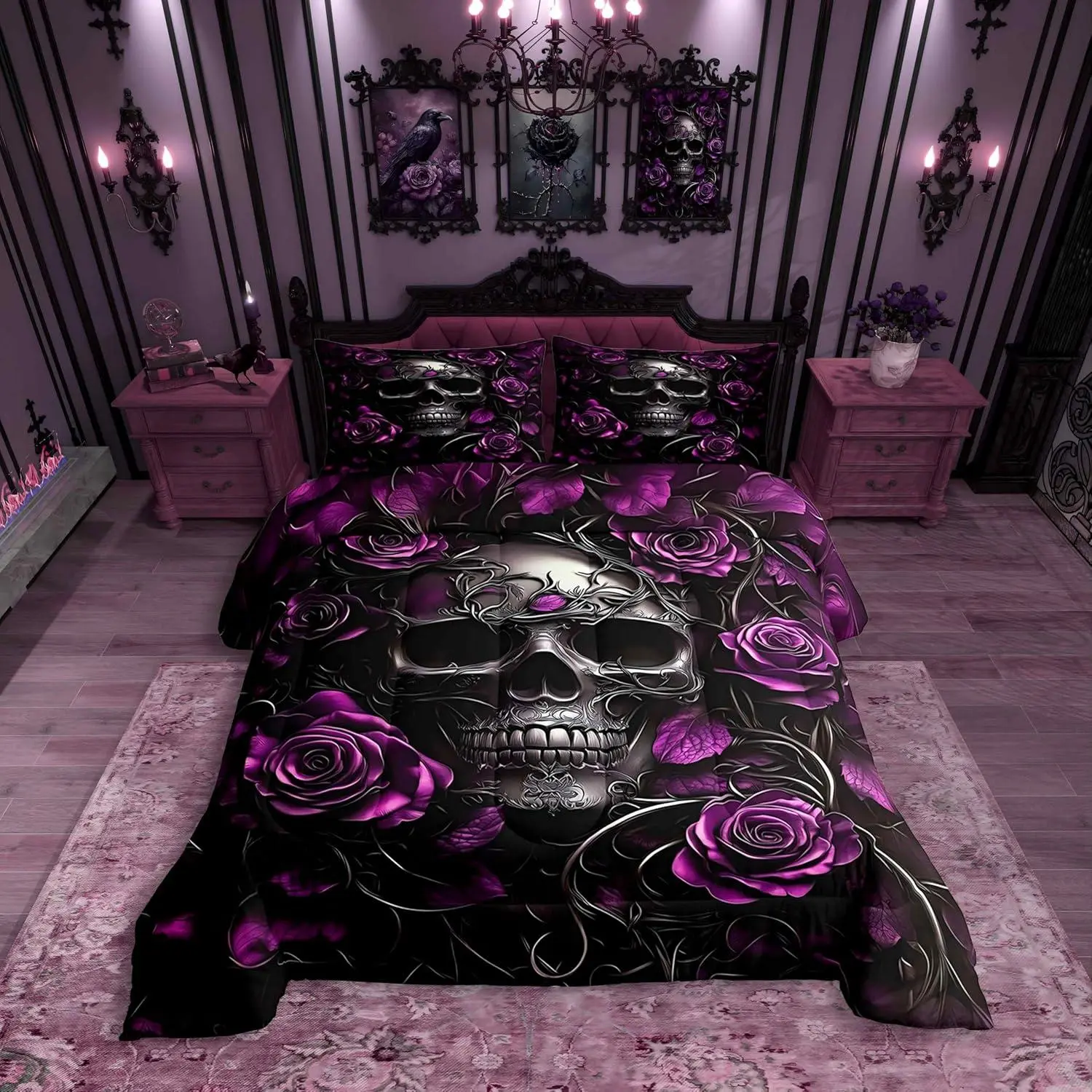 Adults Gothic Comforter Set Bohemian Boho Goth Bedding Vintage Skull Bed Sets Violet Red Rose Baroque Victorian Romantic Rose Duvet Insert,Halloween Gothic Bedroom Decor