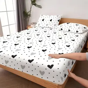 3pcs Bedroom 3D Heart Print Elastic Bed Sheet Set, 1 Fitted Sheet + 2 Pillowcases, Soft Comfortable, Bedsheet, Ideal for Home Dorm Hotel, Bed Sheets Set