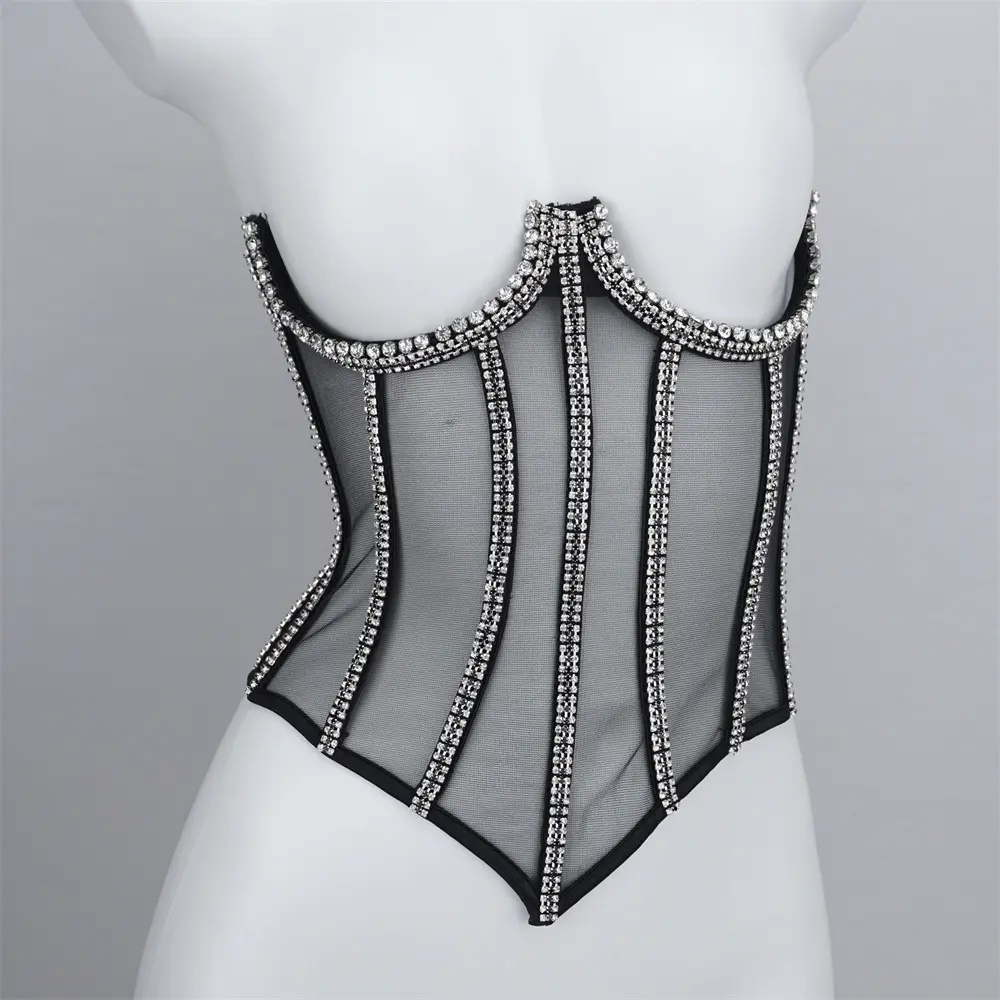 Women's Black Crystal Sleeveless V Neck Tube Top Bra Blusas Short Handmade Rhinestone Glisten Corset Shapewear Crop Shirt Vest - Vneck