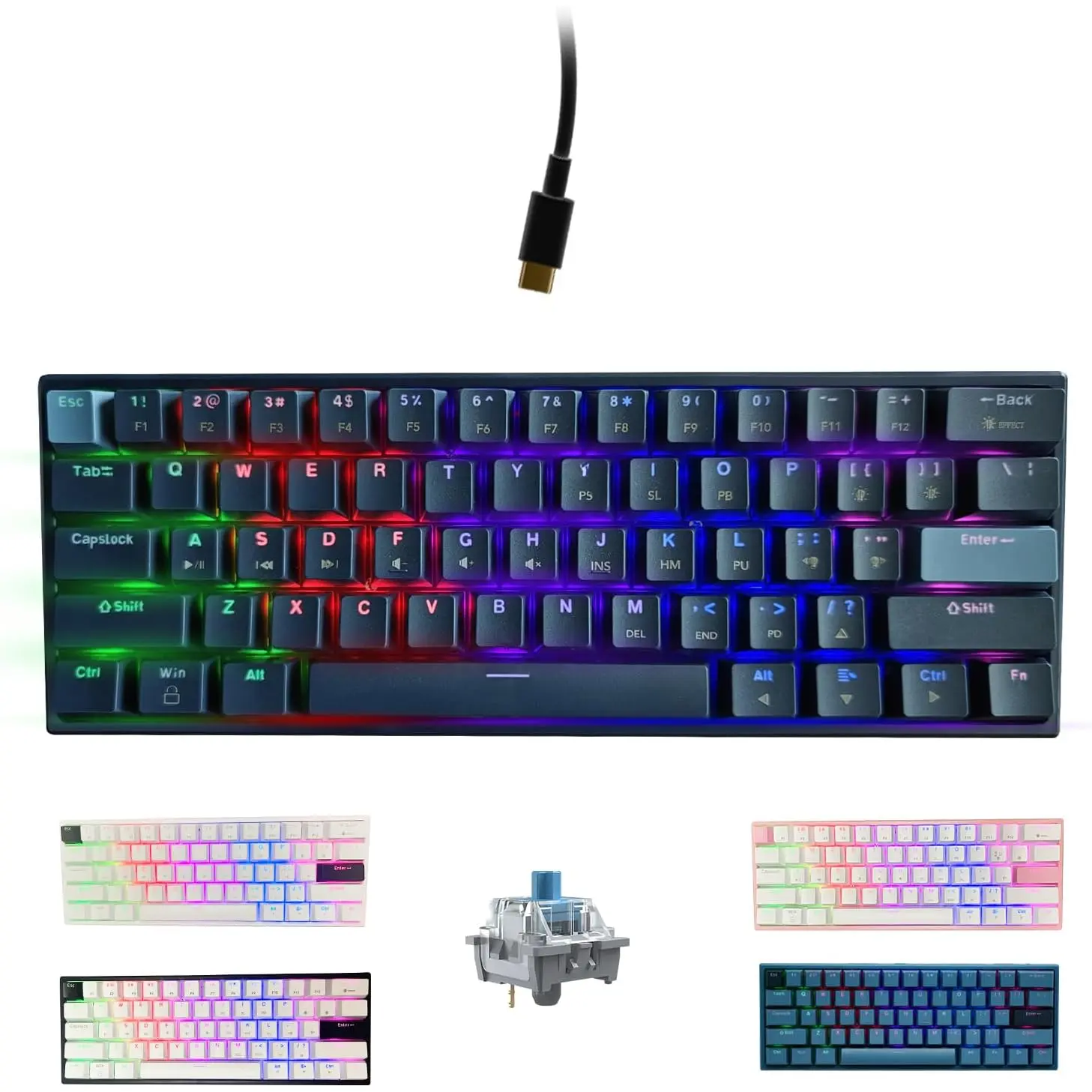 60% Wired Mechanical Gaming Keyboard - Navy Blue 61-Key Compact Form LED Lights Gamer Stuff, Blue Switches, High-Quality PBT Keycaps, Sturdy Metal Plate, for Windows PCs & Laptops (Office & Gaming Use), Colorful Backlight Design