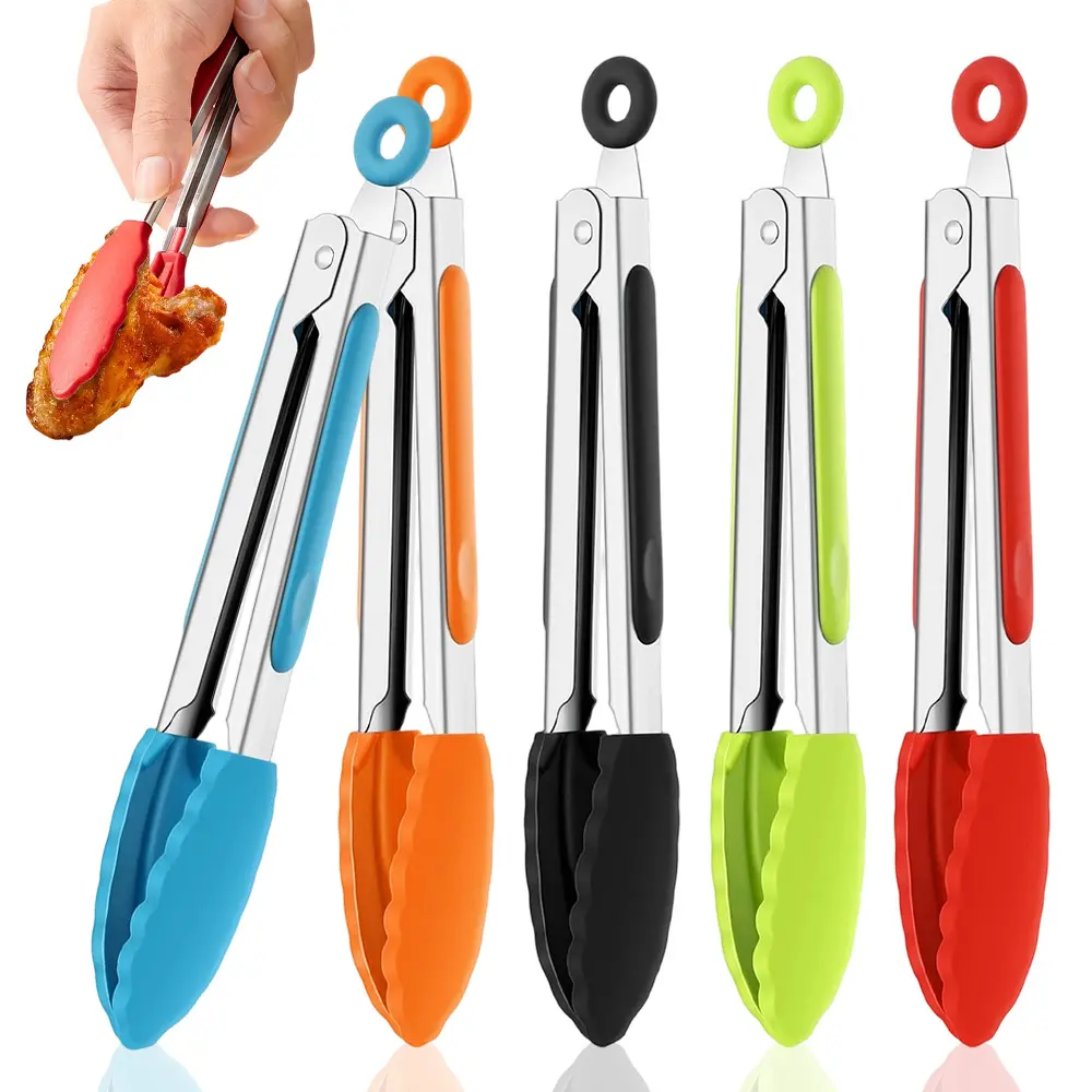 Summerwins 5-Piece Vibrant Mix Mini Stainless Steel Cooking Tongs - 7in, Heat-Resistant Nonstick Silicone Tips, Sturdy Kitchen Utensils for Buffet Use, Grilling, Serving