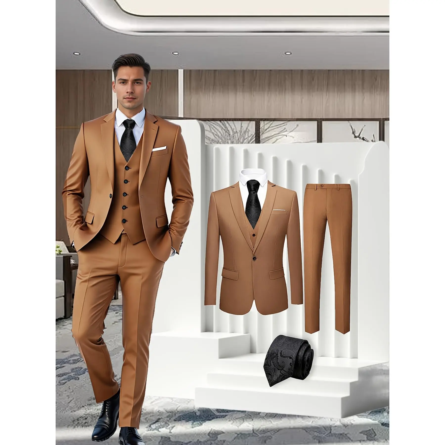 4pcs Men Suit Tuxedo Vest Pants Tie Lapel Collar Flap Pocket One Button for Wedding Banquet Business Dinner Men Commuting Elegant Attire Menswear Formal Workwear