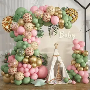 170Pcs Jungle Safari Balloons Garland Arch Kit Animal Printed Pink Sage Green Balloons Wild One Giraffe Leopard Safari Baby Shower Decorations for Girl Birthday Party Supplies Metallic Tool