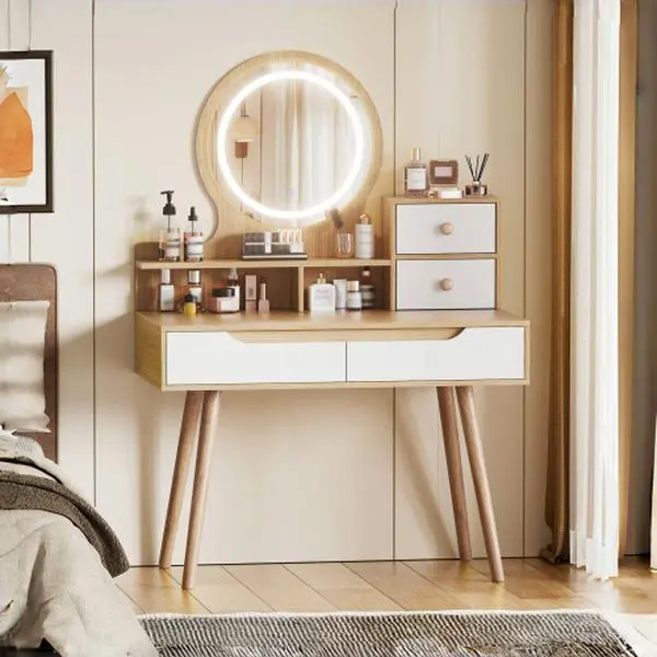 [Bellemave]Makeup Vanity Desk with 3 Adjustable Lighted Mirror with solid wood table feet , Dressing Table Set with 4 drawers and 3 open shelves for Small space Bedroom