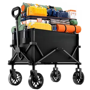 【380LBS Heavy Duty Foldable Wagon】All-Terrain Collapsible Utility Cart with 2 Drink Holders, Large Capacity Beach Wagon for Camping, Fishing, RV Accessories & Sports