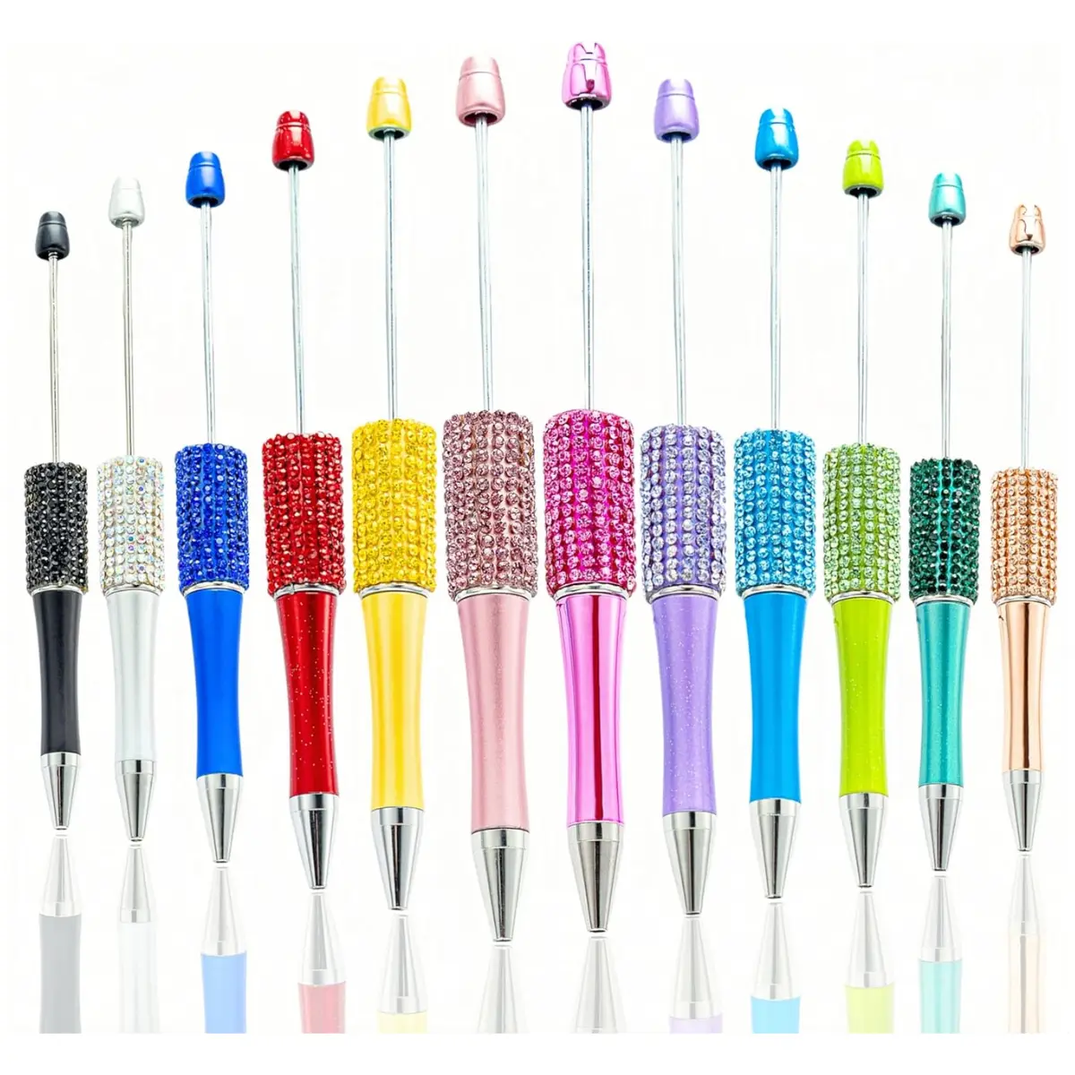 12Pcs Beadable Pens Bulk Diamond Ballpoint Pens Multicolor Retractable Writing Pens Bead Pens DIY Focal Beads Pens Making Kit Gifts for School Office Teacher Staff Students
