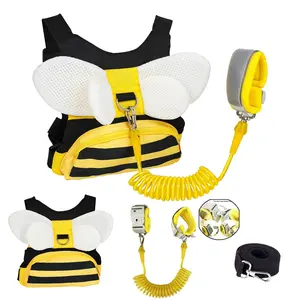 KF5-CPA11 Toddler Harness with Anti Lost Wrist Link - 3-in-1 Baby Safety Leash Backpack, Adjustable Kids Walking Belt with Pocket,Child Locking Wristband for Boys & Girls for Outdoor Travel, Yellow Bee