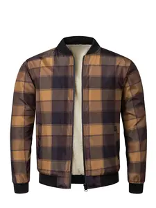 Men's Casual Tartan Bomber Jacket with Warm Lining & Side Pockets - Brown Plaid Design print zip shirt jacket long sleeve plaid snow