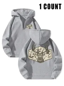 Deer Camo Graphic Half-Zip Fitted Hoodie - Grey Outdoor Casual Outfit for Hunting Enthusiasts