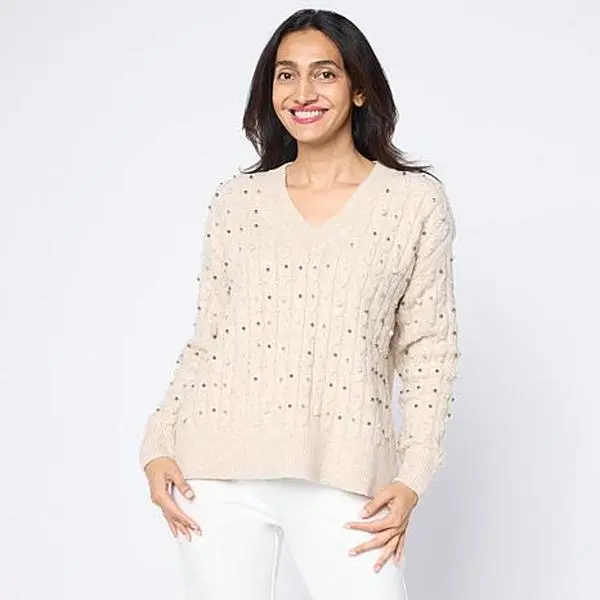 Tower Hill by Christie Brinkley Embellished Cable Knit Sweater