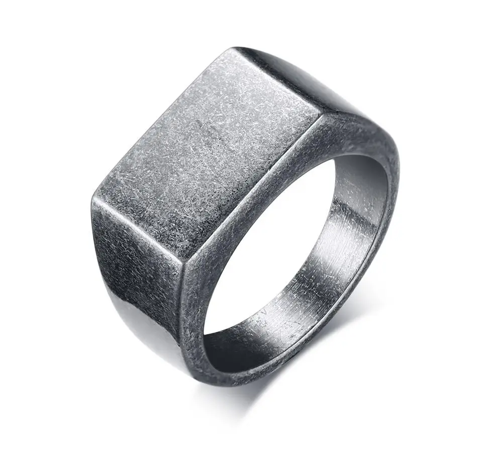 Retro Grey Rectangle Ring for Men Boys,Oxide Silver Color Stamp Rring Thumb Ring Chunky Ring,Stainless Steel Ring Gifts