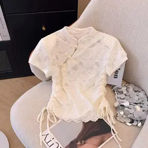 Y2k 2025 New Fashion Chinese Short Sleeved Shirt Stand Collar Improved Cheongsam Women Drawstring Lace-up Blouse Lace Daily Tops Womenswear Crewneck