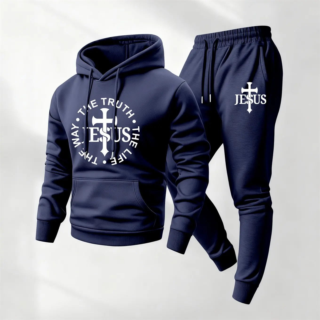 Men's 2-Piece Casual Loose-Fitting Jesus Print Polyester Tracksuit - Hoodie & Sweatpants Set for Gym, Fall Winter Daily Wear | Mens Fashion, Long Sleeve, Mensfashion, Sporty Chic, Casual Fit, Hoodie/Jumper, Machine Washable, Male, Normal Type, Drawstring,