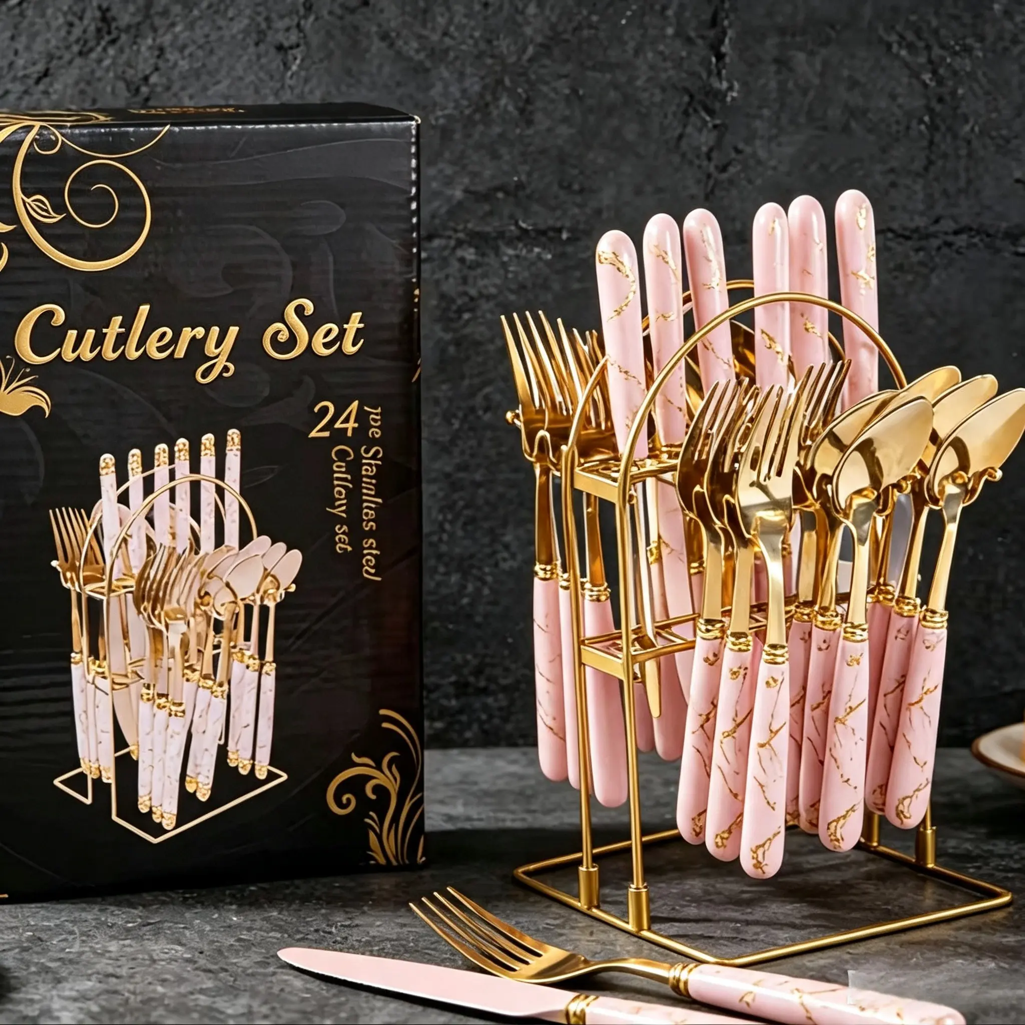 24-Piece Stainless Steel Cutlery & Tableware Set with Glossy Ceramic Handles - Dinner Knives, Forks, Spoons, Coffee Spoons, Stylish Holder, Comfortable Grip for Daily Home Dining, Gold Party Gatherings