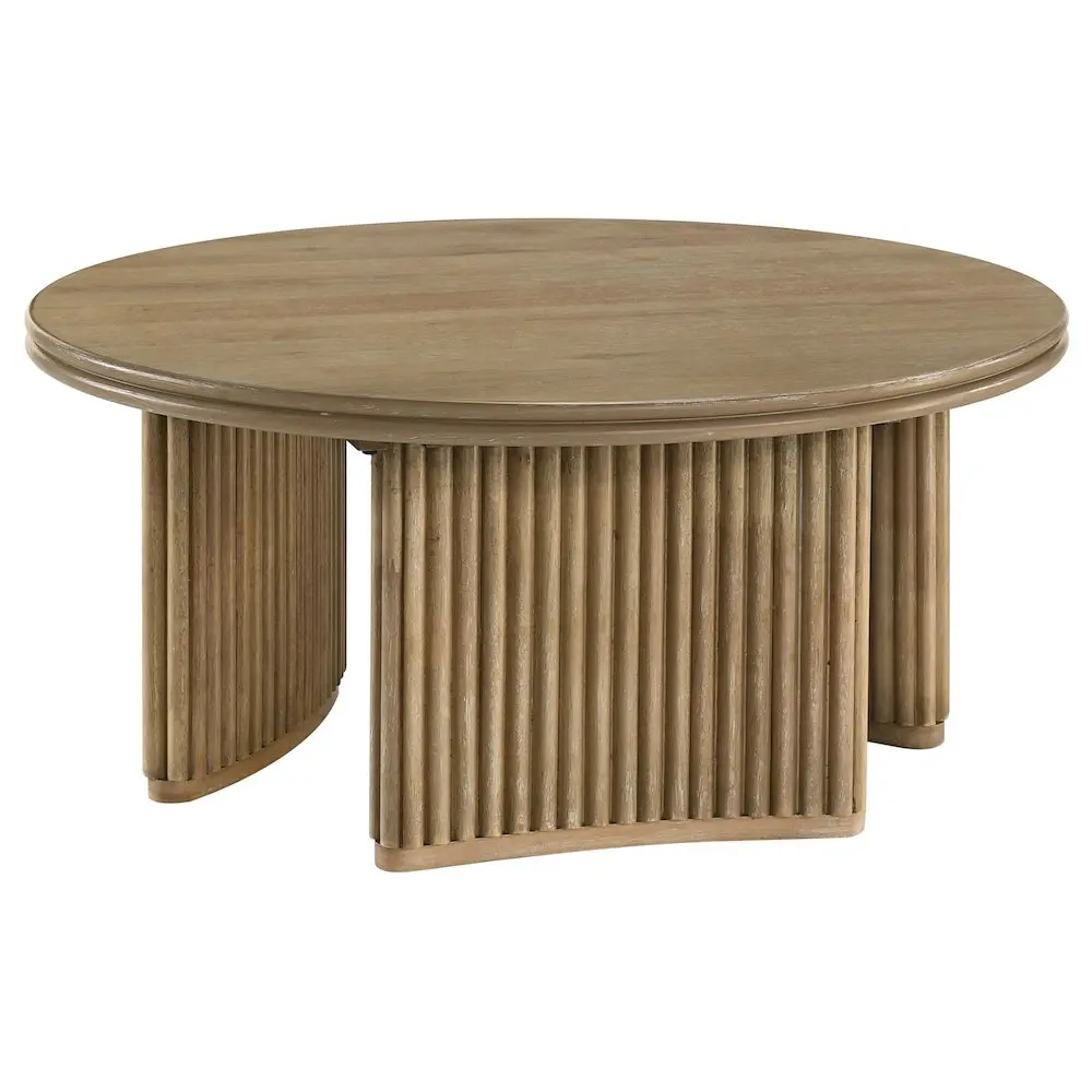 Adina 36-inch Round Distressed Oak Pedestal Coffee Table, Light Brown Living Room Furniture with Reeded Detailing - Sculptural Focal Point