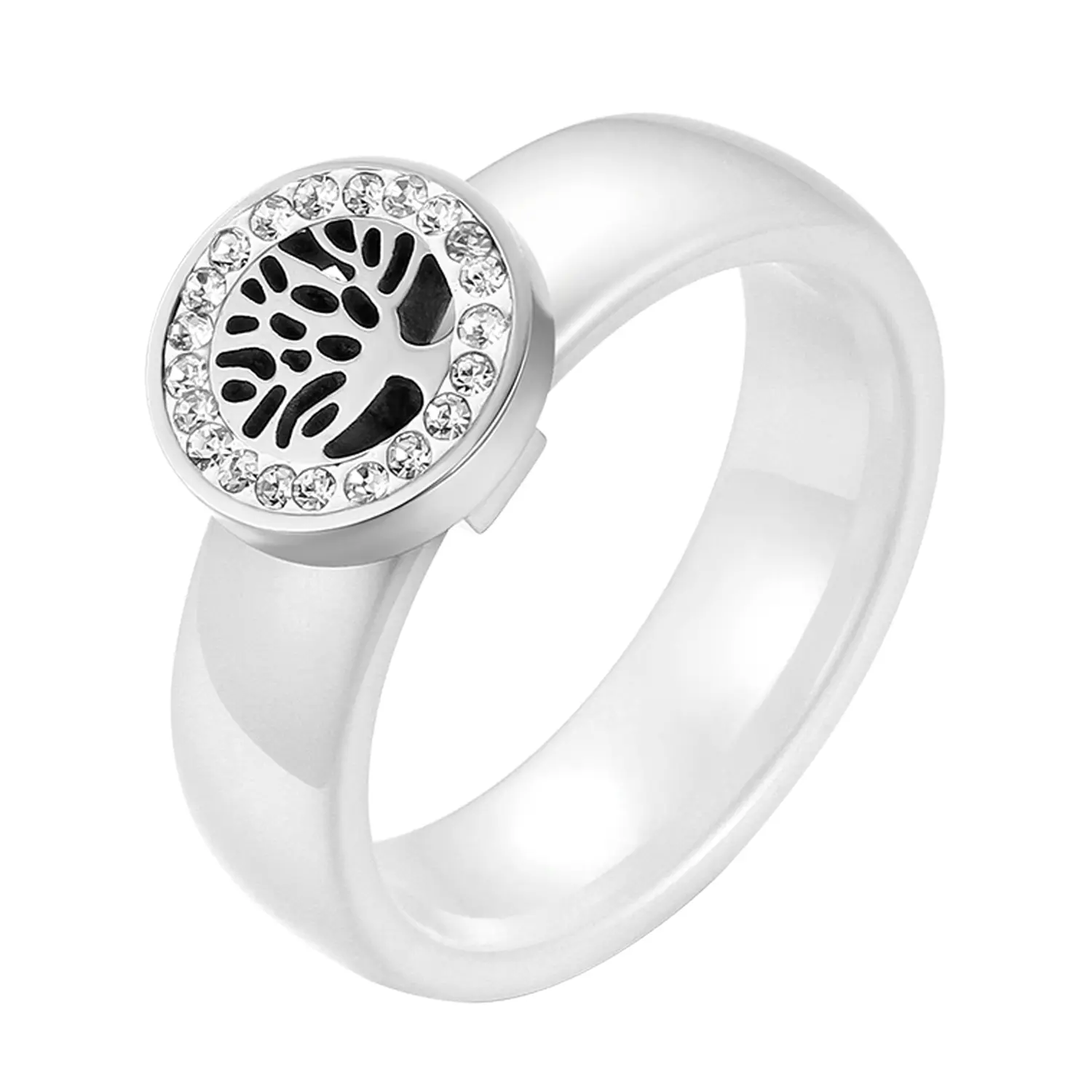 OIDEA Nature-Inspired Tree of Life Cubic Zirconia Ring - Unisex Simple Ceramic+Steel 0.6cm Slim Wedding Band with Sparkle Accent