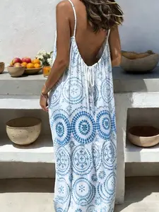 Women's Printed Backless Long Dress, Loose Fit Vacation Style, Sleeveless Halter Neck, Summer Fashion, Casual Wear