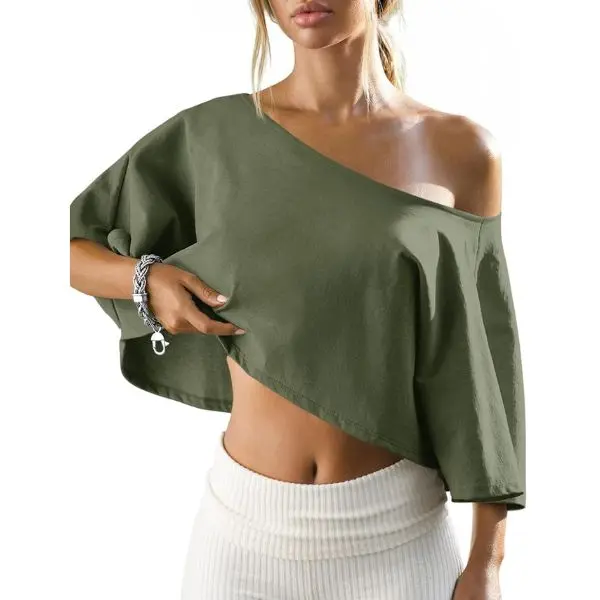 Fisoew Womens Off The Shoulder Cropped Tops Batwing Short Sleeve Workout Shirts Asymmetrical Neck Summer Casual T Shirts,back to school,back to school shopping