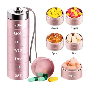 Upgraded Waterproof Metal Travel Pill Organizer Stackable Design 7-Day Vitamin Dispenser Lightweight Portable Aluminum Alloy Material Airtight & Waterproof Laser Engraved Letters BPA Free Healthcare Aid containers