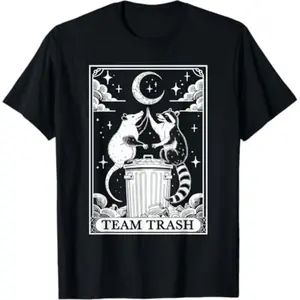 100% Cotton Summer t Shirts Tarot Card Vintage Team Trash Crescent Moon Opossum Raccoon T-Shirt