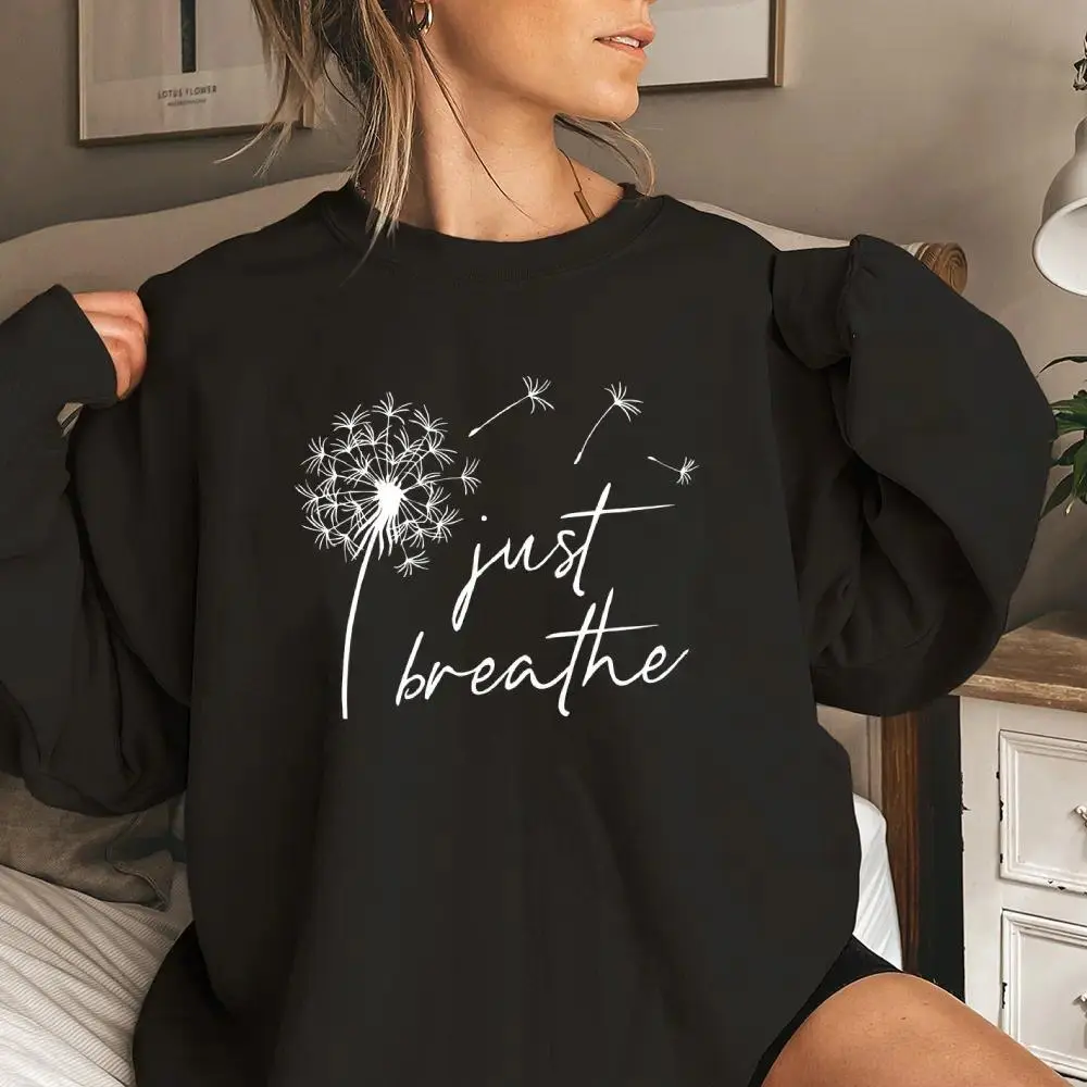 WavePrint Tees Just Breathe Sweatshirt Dandelion Sweatshirt Inspirational Sweatshirt Graphic Sweatshirt Long Sleeve Tops Pullover Fall Outfit Sweatshirt for Women Long Sleeve Shirts Crewneck Fashion Outfits 2025 Trendy Tops Unisex Sweatshirts