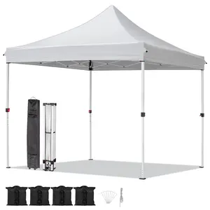 10x10ft Portable Gazebo with Roller Bag - White Pop-Up Canopy, 210D Oxford Fabric UV Resistant Waterproof, Powder-Coated Steel Frame, 4 Sandbags & Stakes, Adjustable Height  Sun Parasol Umbrella Retractable Aluminum Pole