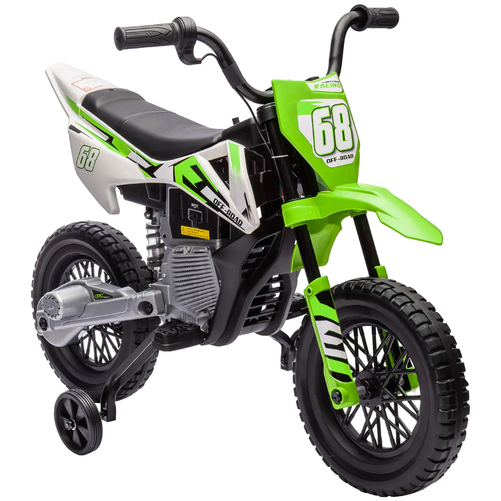 Qaba Kids Dirt Bike with Twist Grip Throttle, 12V Electric Motorcycle, Electric Bike for Toddler with Training Wheels, Rear Suspension & Music