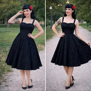 Black Vintage Inspired 195/s Strap Damask Swing Dress, Rockabilly Midi Dress, Sweetheart Pin Up Party Dress with Full Skirt w/ Pockets XS -3XL