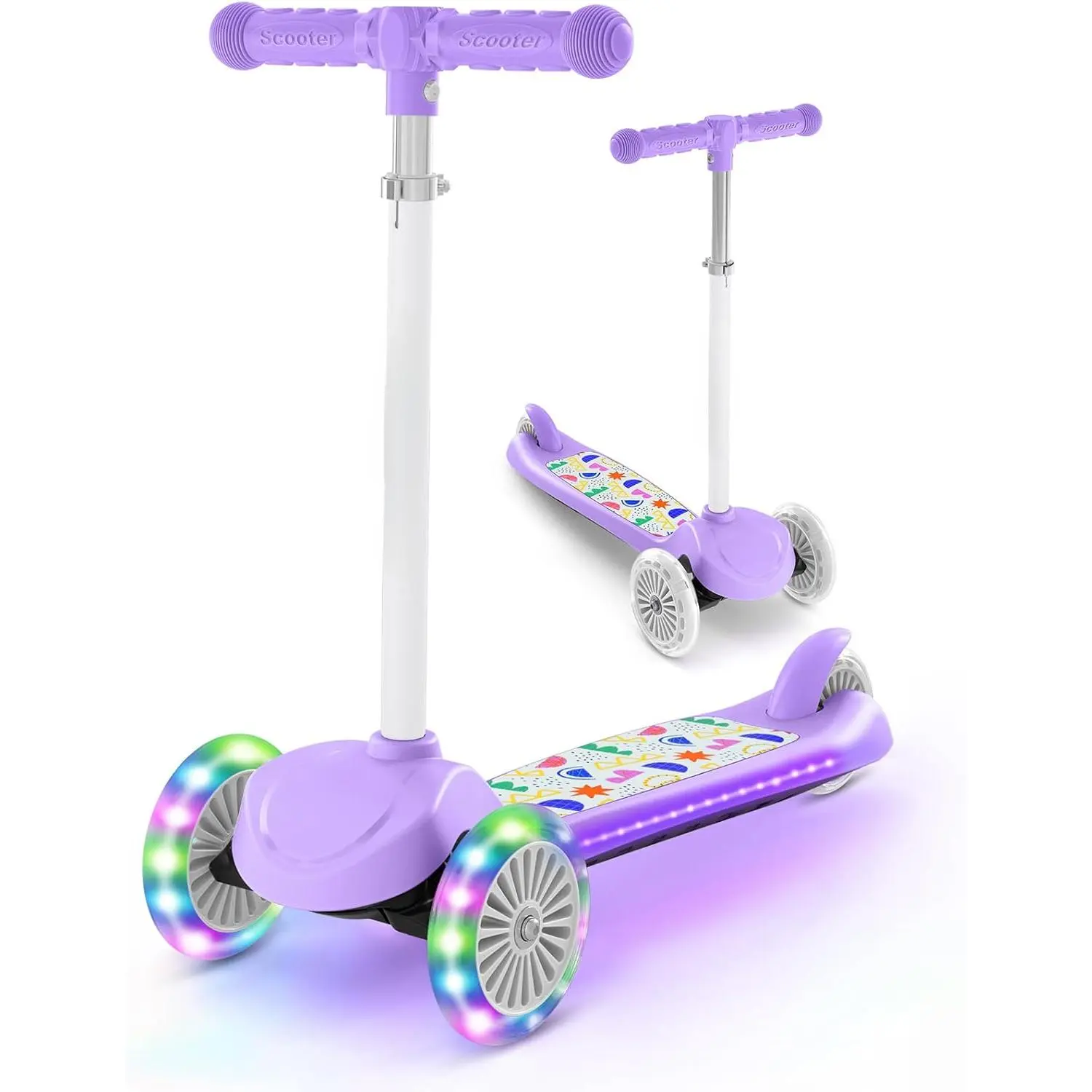 Kids Scooter for Ages 3-5, Toddler Scooter with Light-Up Deck and Wheels, Adjustable 4-Level Height 3-Wheel Scooters for Kids, Lean-to-Steer Design