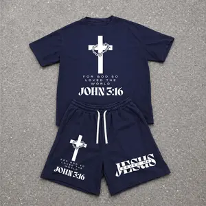 Men's 2-Piece Casual Menswear Set - Soft Minimalist Shortsleeve Polyester Fabric T-Shirt with Steel Cross Jesus Saved Me Hiphop Letter Print, Loose Drawstring Shorts, Athletic Lightweight Breathable Outfit for Streetwear, Vacation