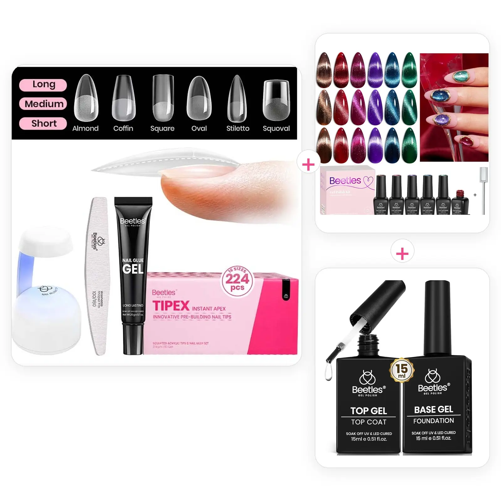 beetles Gel Polish Manicure Set with Instant Apex Nail Tips, 6-Color Cat Eye Gel Polish, 15ml Base & Top Coat - Complete Nail Care Kit with Multiple Shapes, Glossy, Diy Manicures