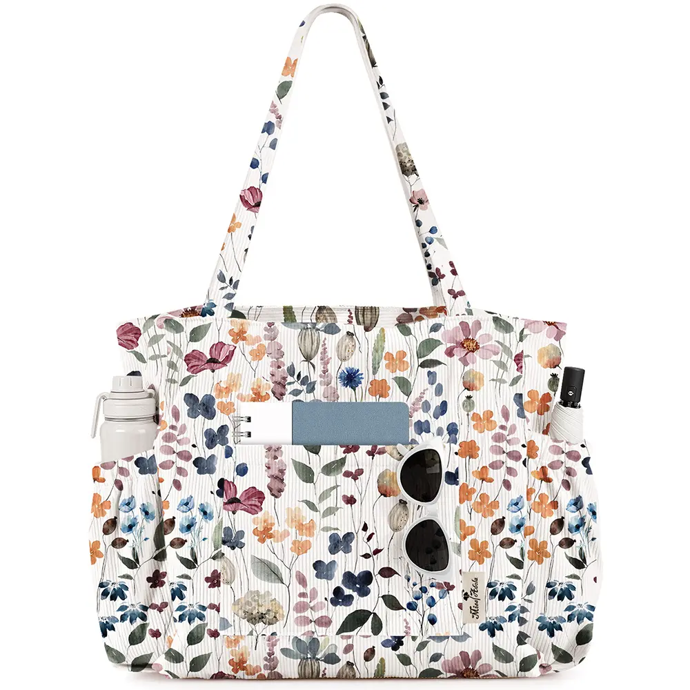 Miss Adola Women's Corduroy Tote Bag, Chic Printed Shoulder Bag for Women with Zipper, Large Reusable Multi-Pocket Purse for School & Travel, Casual Trendy Bag