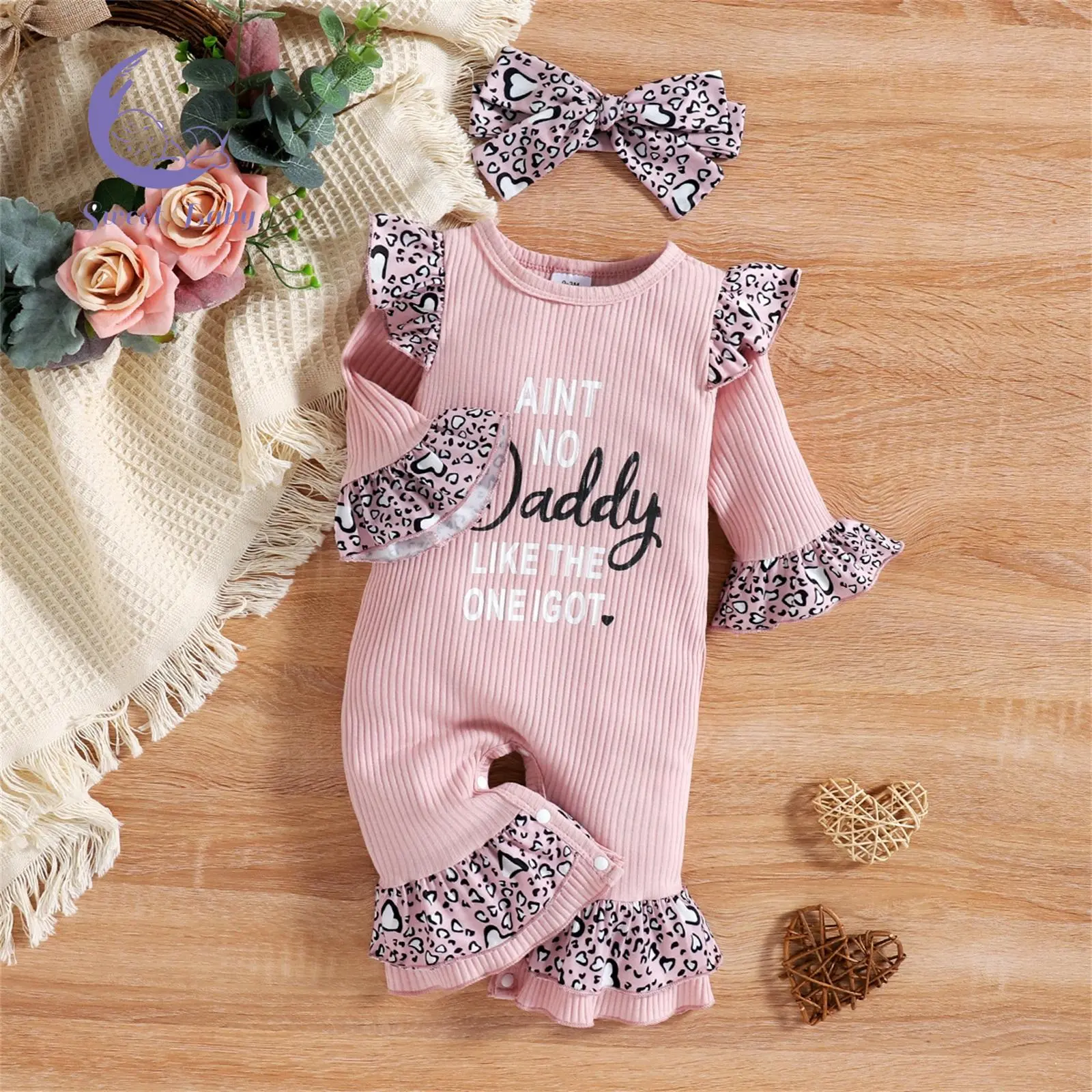 Baby Girls' 2-Piece Outfit - Letters Leopard Print O-Neck Flare Sleeves Jumpsuit + Headband, Cozy Romper Bodysuit for 0-18 Months Toddlers, Baby Clothing Clearance