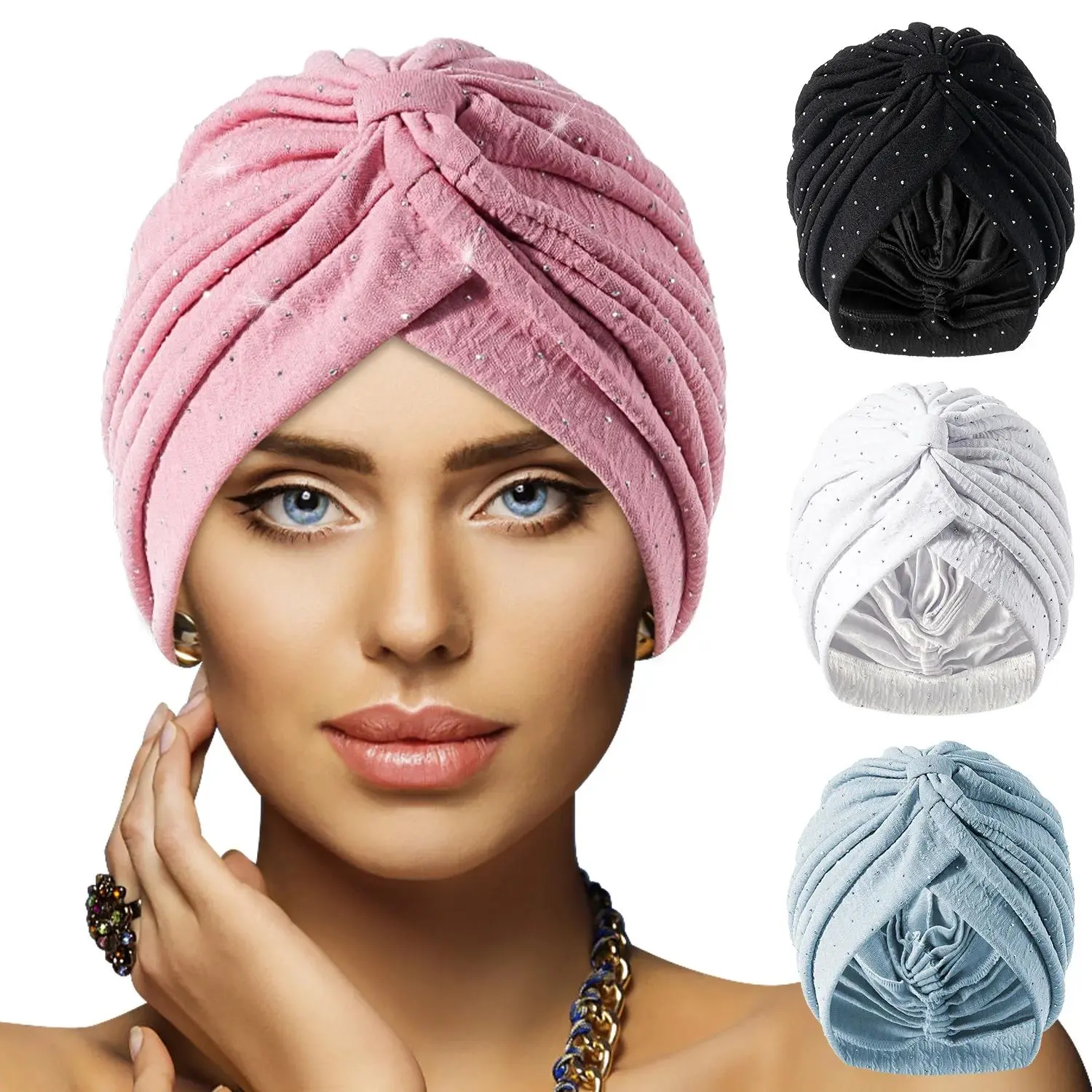 Unisex Pre-Tied Turban Headwrap, African Style Solid Color Bonnet Cap with Rhinestone Accent