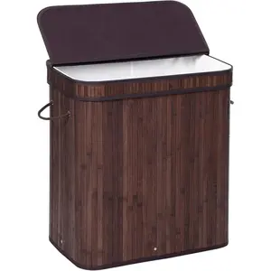 Foldable Bamboo Laundry Hamper with Lid and Handles, 100L Brown Foldable Storage Basket for Laundry Room and Bedroom