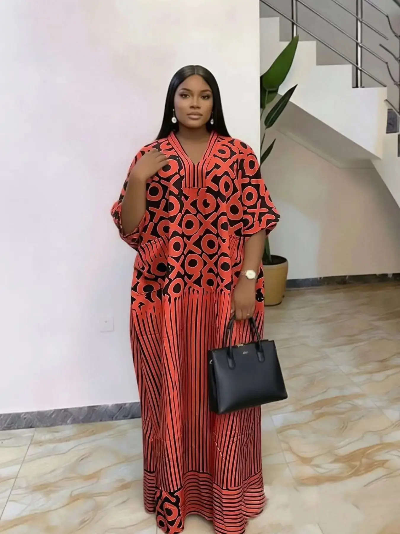 Women's Plus Size African Style Orange Geometric Print Boubou Ethnic Kaftan Maxi Dress Flowy Beach Lounge