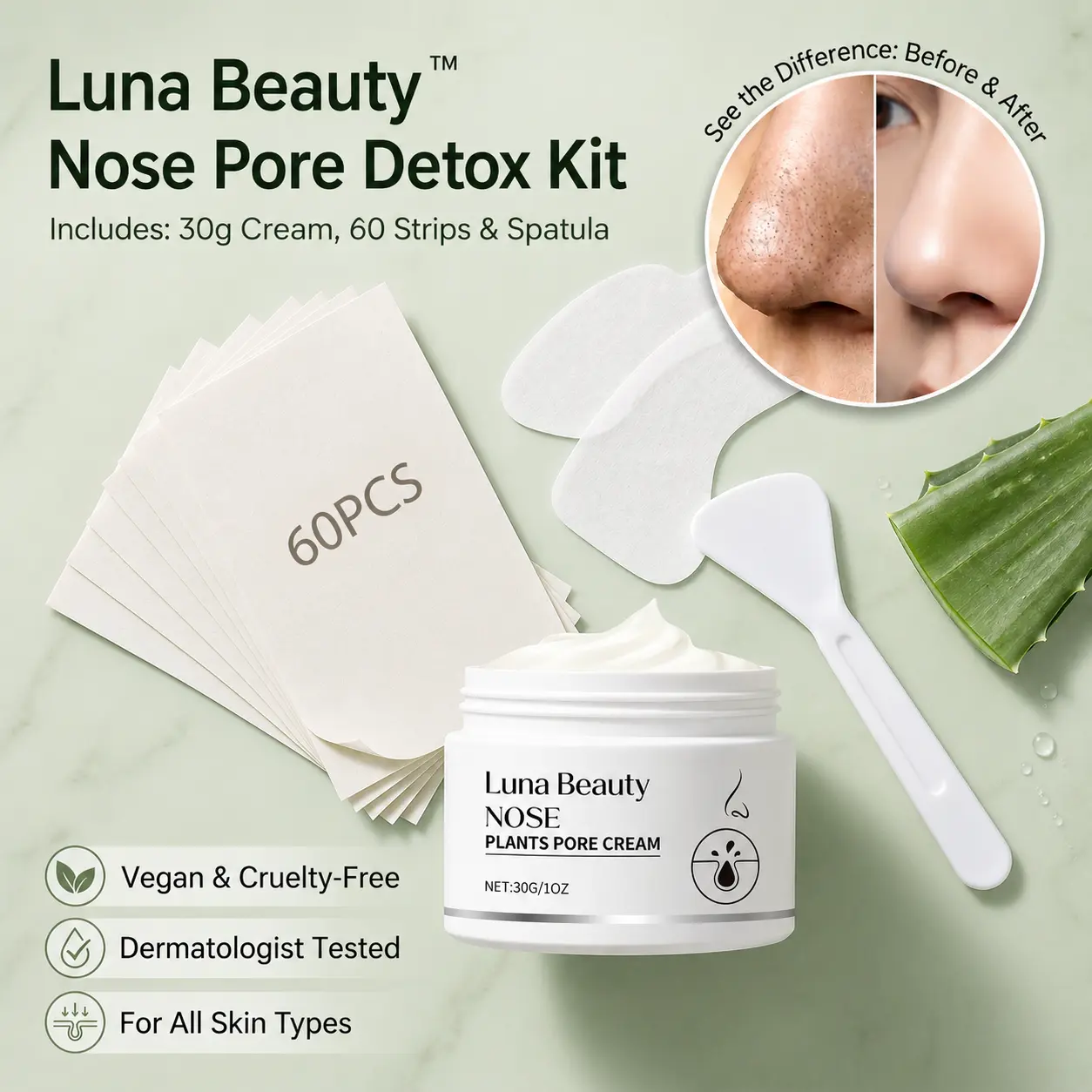 2% BHA Blackhead Remover Nose Mask Kit, Deep Pore Cleanser with Amazonian White Clay & Aloe Vera, Pore Minimizing & Hydrating Formula, Includes 60 Nose Strip Papers, 30g