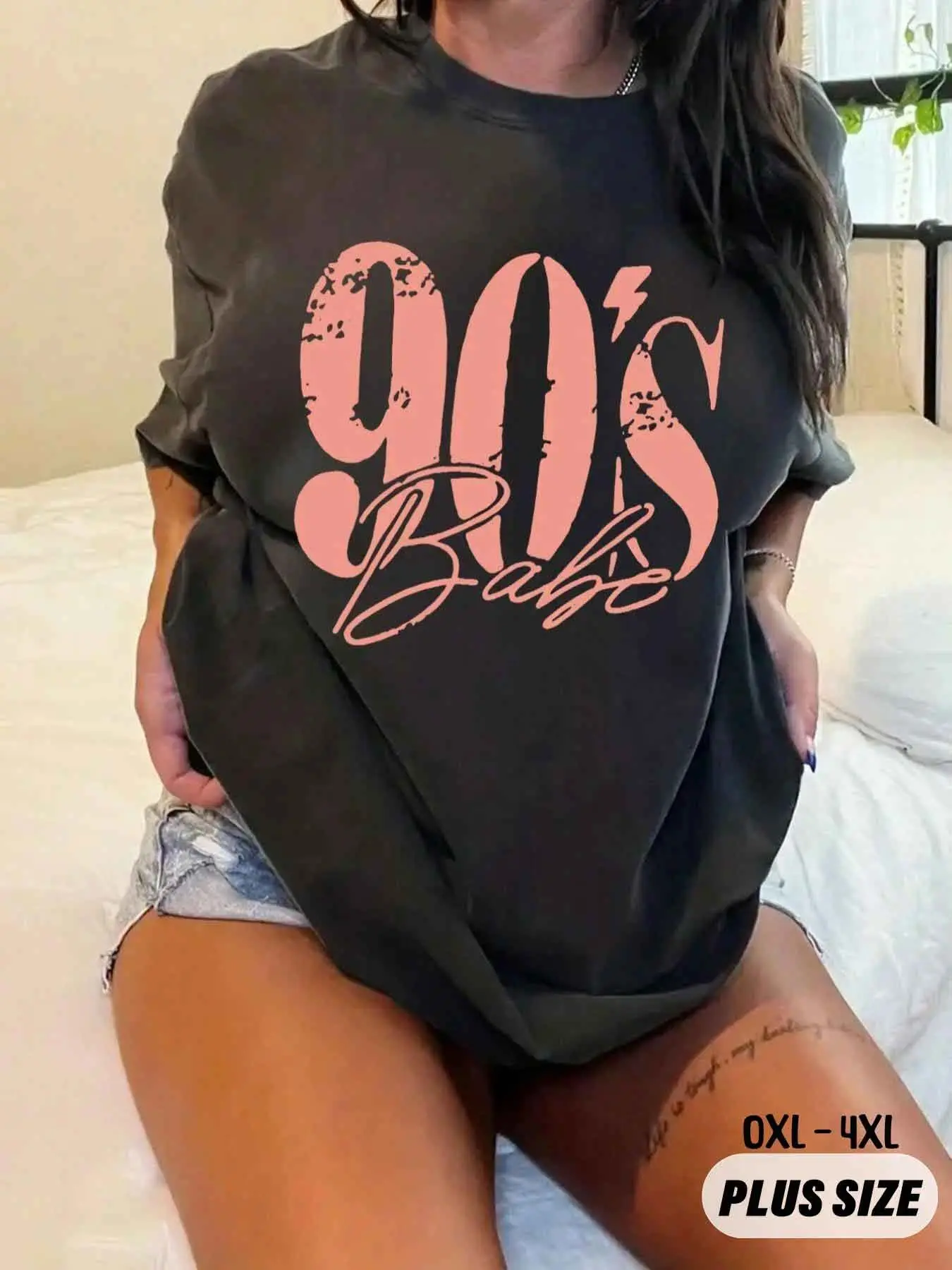 【Plus Size】 Figure & Letter Graphic Round Neck Tee, Summer Outfits, Graphic Tees, Casual Short Sleeve T-shirt for Daily Wear, Women Clothing for All Seasons, Womenswear, Tshirt, Streetwear,clothes for back to school,first day of school outfits