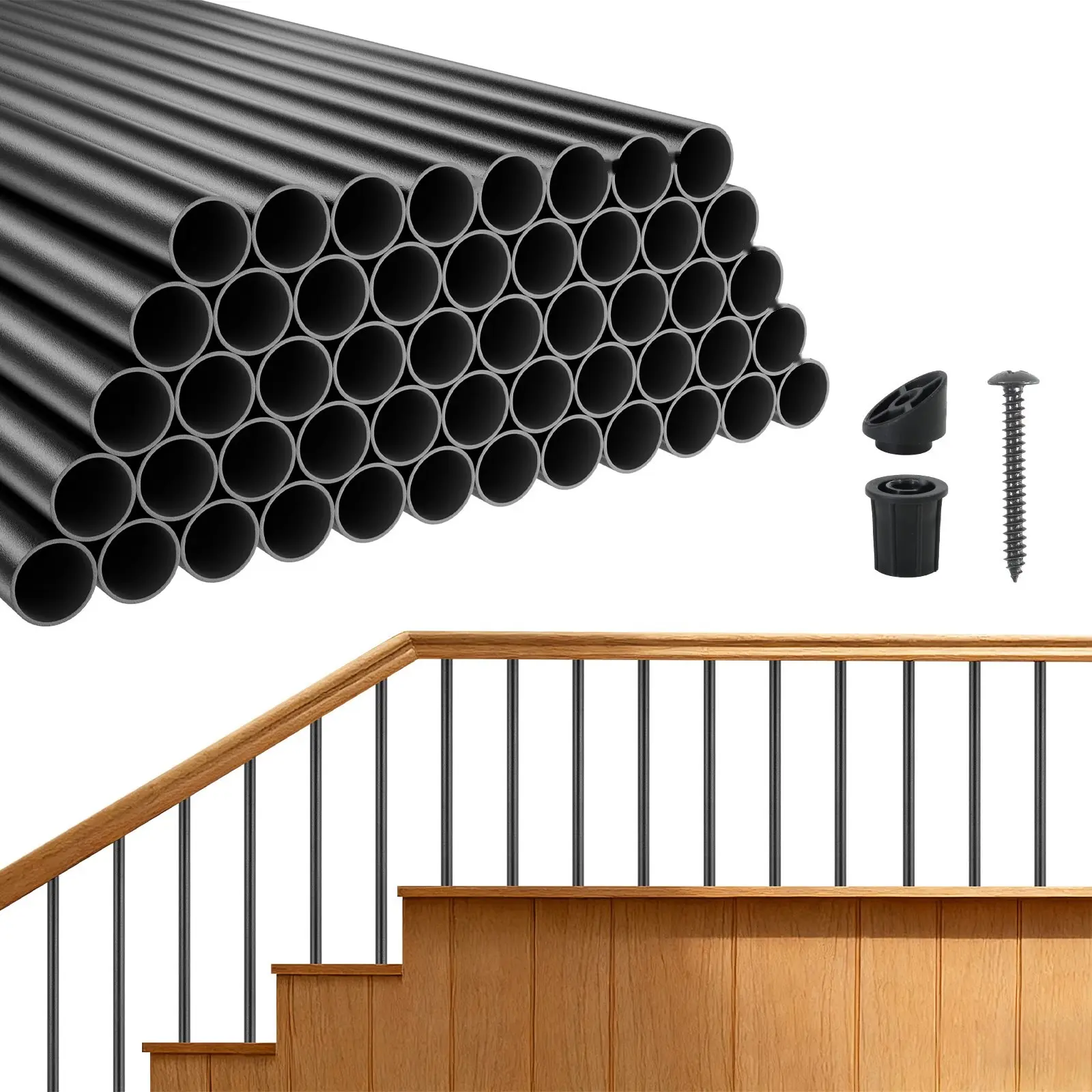 125 Pack Aluminum Deck Balusters Kit, 32-Inch Hollow Round Railing Spindles, 3/4-Inch Diameter With Connectors And Screws, Suitable For Deck, Porch, Staircase And Fence Railings, Weather Resistant Black Finish