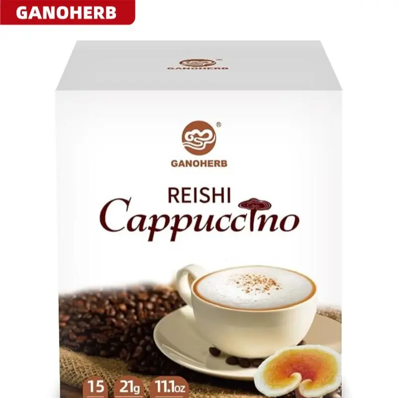 GANOHERB Reishi Cappuccino Functional Mushroom Powder Packet Coffee - 6 Adaptogenic Blend, Premium Beans, Milk, Gluten-Free, Additive-Free, Energy-Boosting, Focus-Enhancing, 15 Packs (11.1 oz) for Adults, Delicious Taste Coffee & Espresso Beverages, Funct