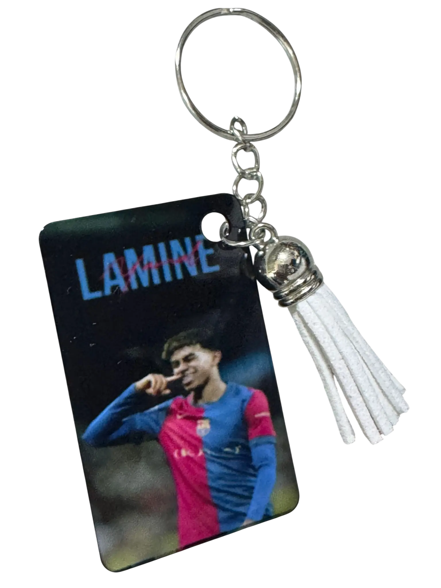 Lamine Soccer Player Photo Keychain, Metal, Rectangular Card Style with White Tassel Charm