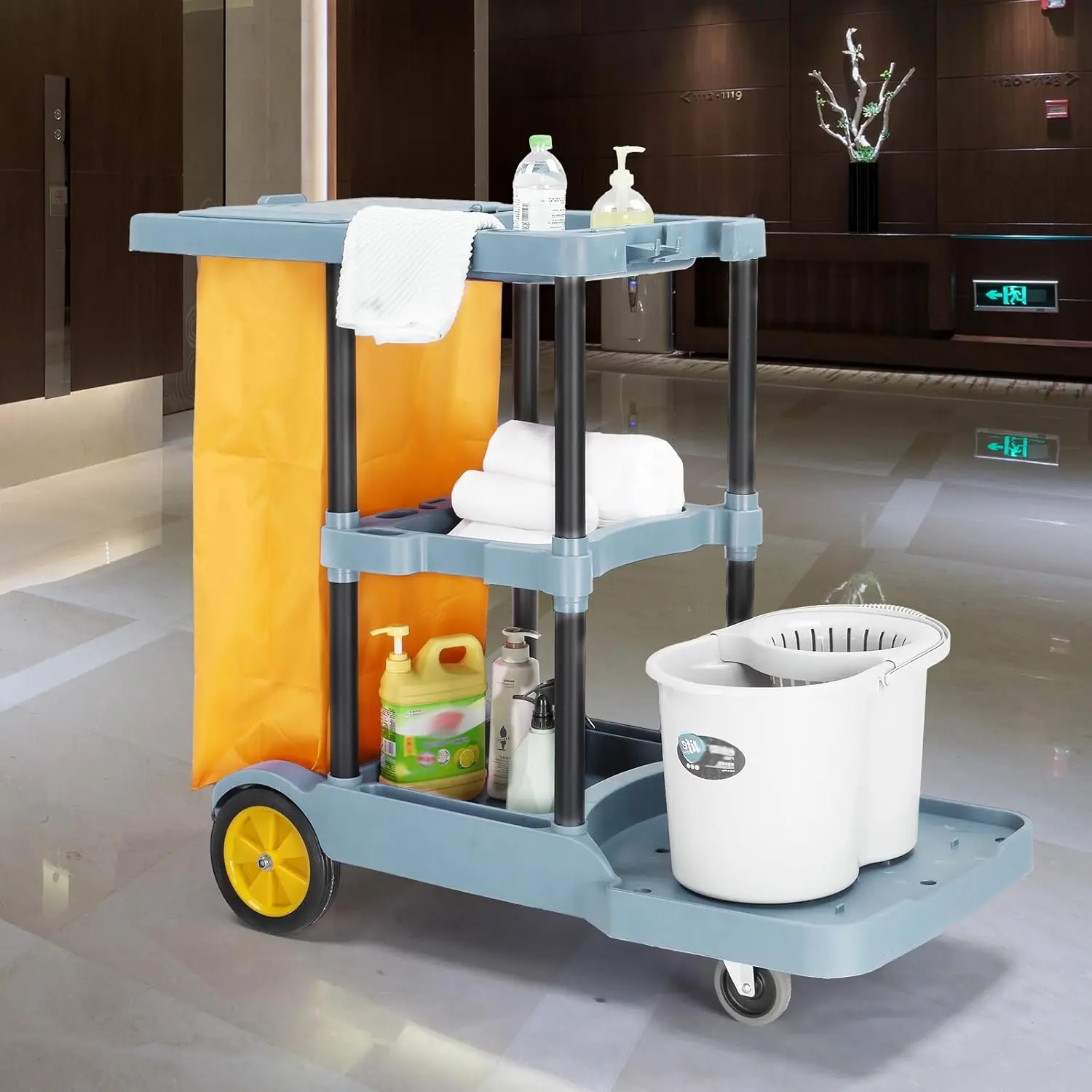 Karlhome Commercial Traditional Cleaning Janitorial 3-Shelf Cart, 500 Lbs Capacity Housekeeping Cart, 42.5" L x 18.7" W x 37.6" H, Wheeled with 22 Gallon Yellow VinylBag and Cover w Lid
