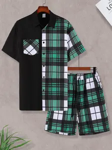 Men's Black & Green Plaid Checked Split-Design 2-Piece Homewear Loungewear Set - Short Sleeve Polo Collar Shirt & Matching Drawstring Shorts, Soft Breathable Fabric, Relaxed Fit for At-Home Lounging, Lazy Weekends & Casual Evenings Pajama Set