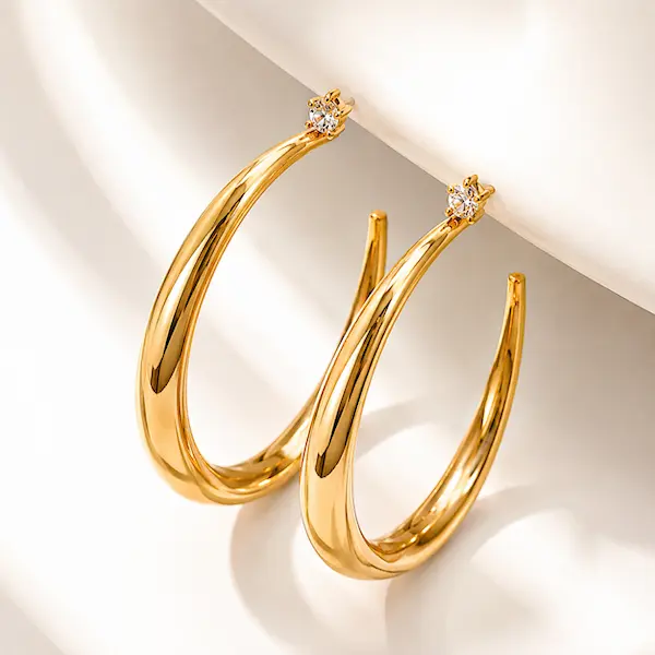 Gold Hoop Earrings for Women, Rhinestone Stud C-Shaped Earrings, 316L Stainless Steel Statement Jewelry, Minimalist Elegant Everyday Earrings