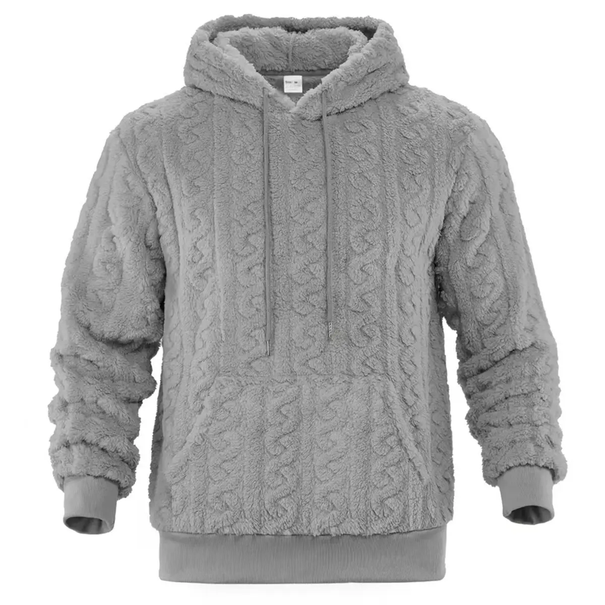 Men’s cable-textured sherpa fleece hoodie, 100% polyester, thick fluffy pullover, essential for autumn & winter, casual for streetwear & loungewear