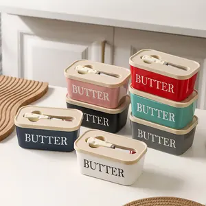 Rectangular Ceramic Butter Box Sealed Jar with Knife, Western Style Home Cheese Container, Kitchen Storage Containers, Airtight Food Storage