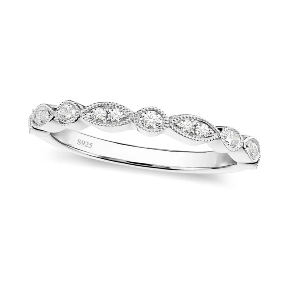 EAMTI 925 Sterling Silver Wedding Band for Women Cubic Zirconia Marquise & Round Milgrain Half Eternity Stackable Ring