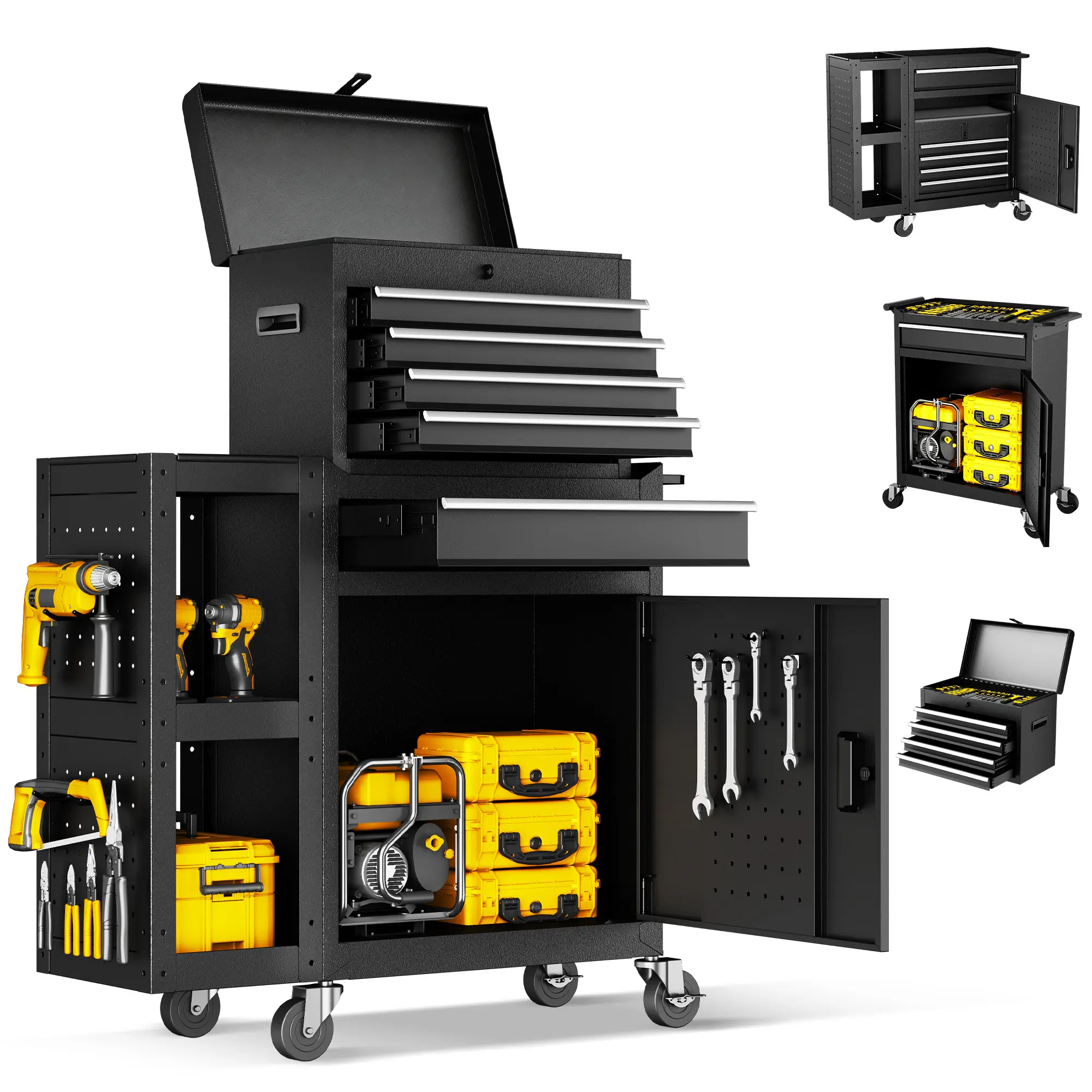 3-in-1 Rolling Tool Chest, 8-Drawer Heavy Duty Metal Tool Cabinet with Detachable Top Tool Box, Lockable Drawers, Wheels & Side Hooks for Garage Workshop Storage