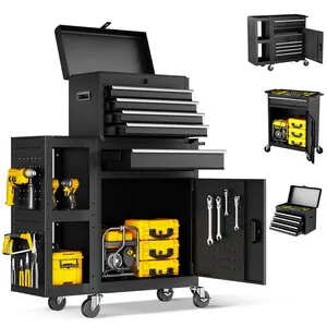 5-Drawer Rolling Tool Chest, Detachable Metal Tool Box with Lock & Wheels, Heavy Duty Garage Tool Organizer with Side Hooks, Black